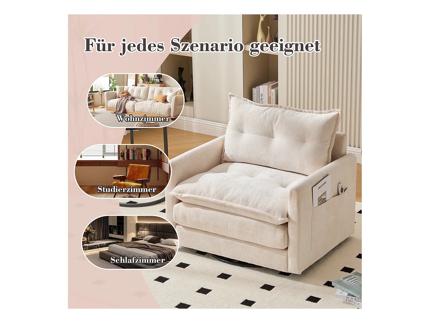 Fauteuil pivotant 360° beige – double couche d’assise, confort optimal et poche latérale – idéal pour salon, chambre et bureau