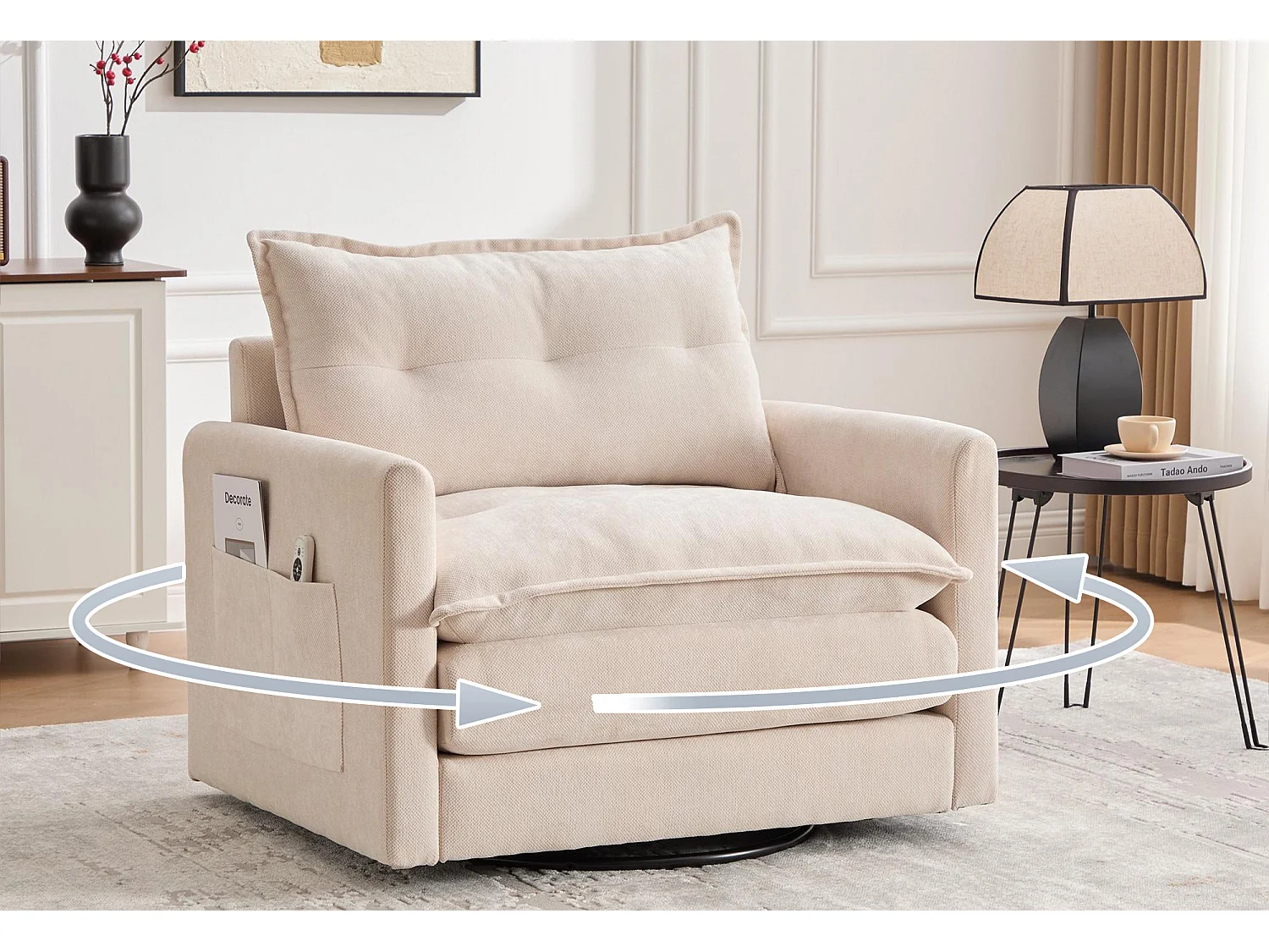 Fauteuil pivotant 360° beige – double couche d’assise, confort optimal et poche latérale – idéal pour salon, chambre et bureau