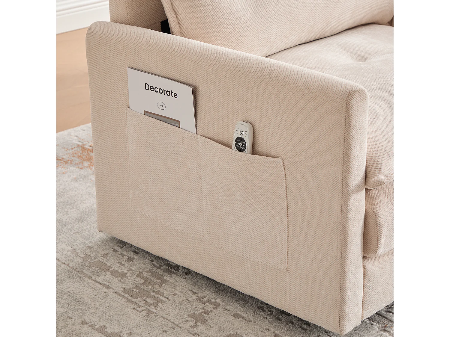 Fauteuil pivotant 360° beige – double couche d’assise, confort optimal et poche latérale – idéal pour salon, chambre et bureau