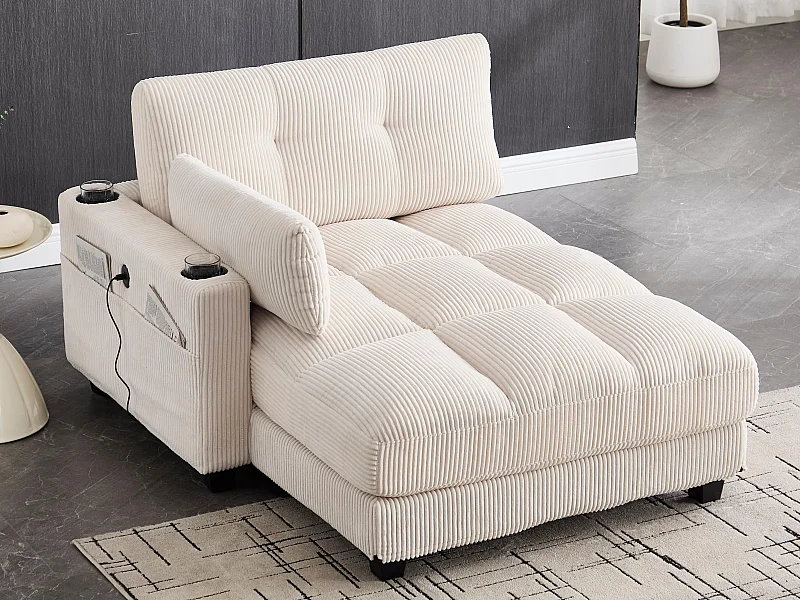 Canapé 1 place convertible en velours beige – avec USB et porte‑gobelet – multifonction pour petit espace - 112x140x81cm