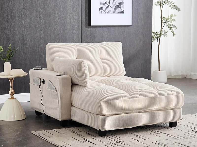 Canapé 1 place modulable en velours beige – avec USB et porte‑gobelet – multifonction pour petit espace - 112x140x81cm