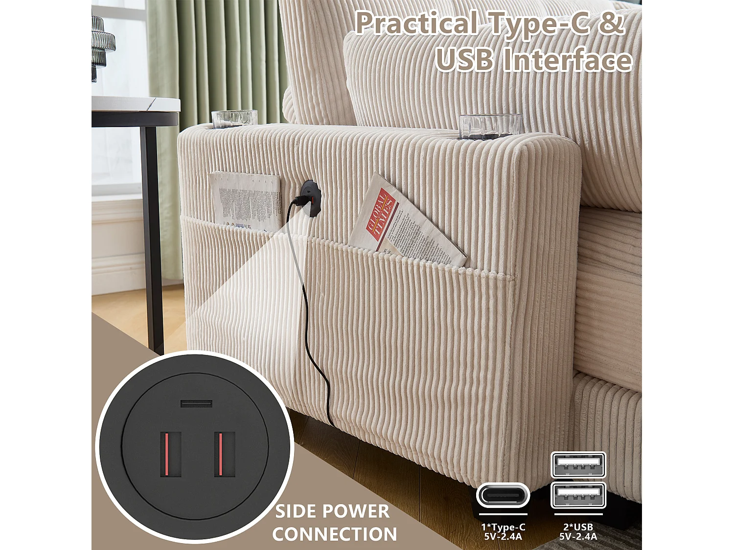 Canapé 1 place modulable en velours beige – avec USB et porte‑gobelet – multifonction pour petit espace - 112x140x81cm