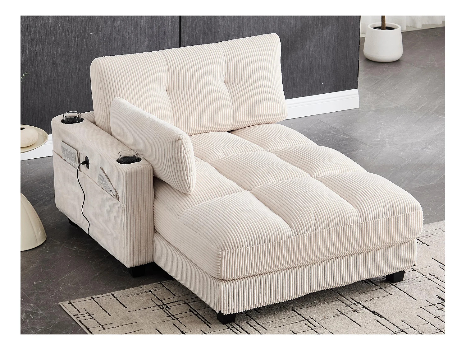 Canapé 1 place convertible en velours beige – avec USB et porte‑gobelet – multifonction pour petit espace - 112x140x81cm