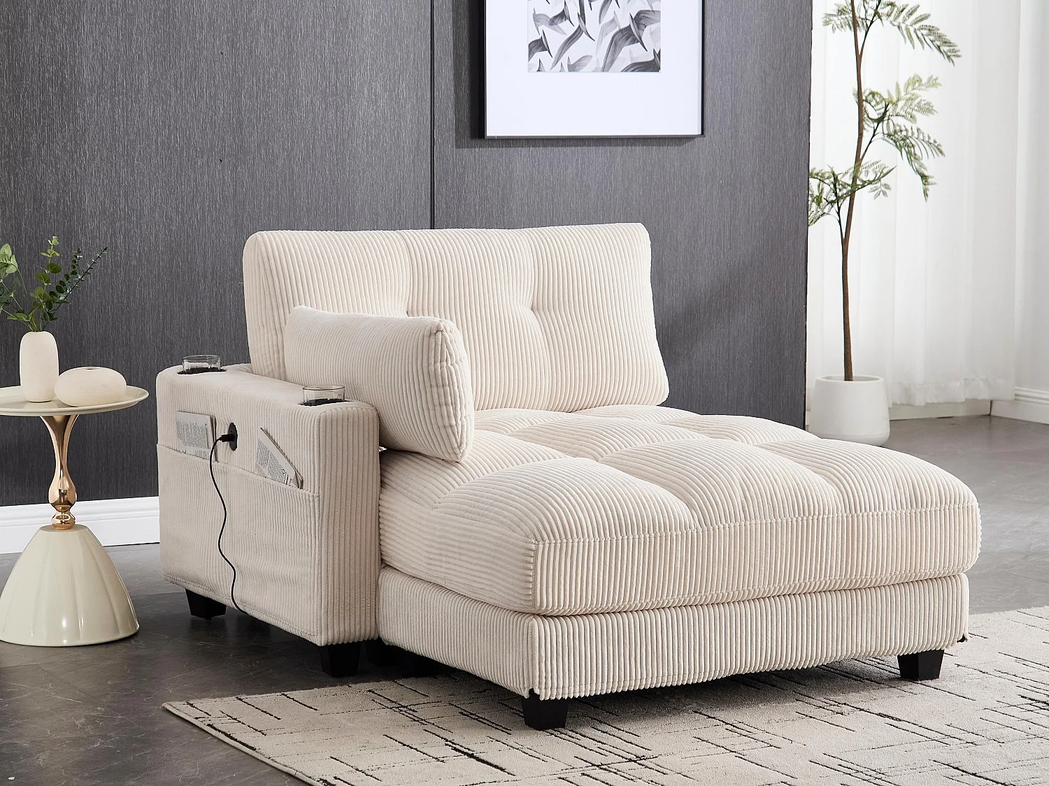 Canapé 1 place modulable en velours beige – avec USB et porte‑gobelet – multifonction pour petit espace - 112x140x81cm