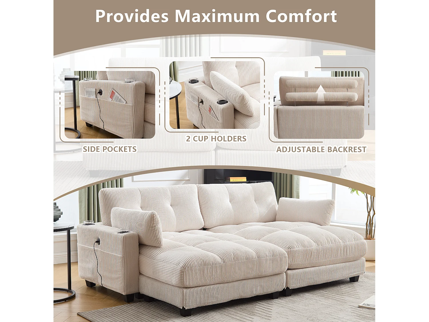 Canapé 1 place modulable en velours beige – avec USB et porte‑gobelet – multifonction pour petit espace - 112x140x81cm