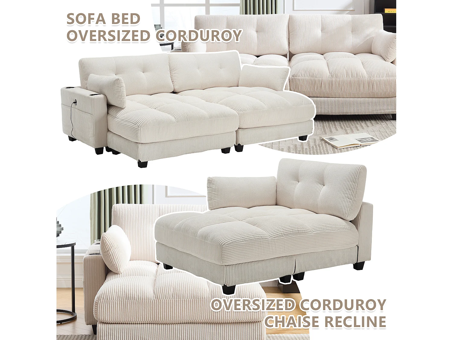 Canapé 1 place modulable en velours beige – avec USB et porte‑gobelet – multifonction pour petit espace - 112x140x81cm