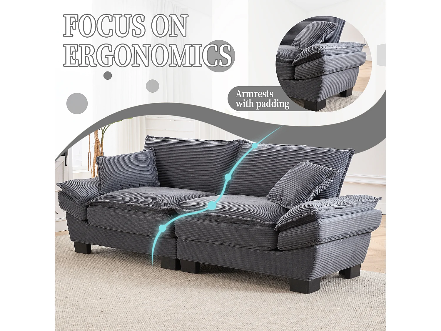 Canapé 2 places en velours gris anthracite – dossier inclinable et convertible en lit - 2 coussins inclus - idéal pour salon ou bureau