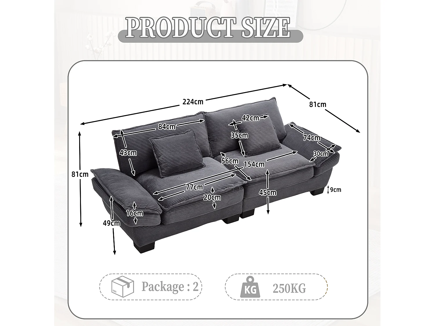 2-zits relaxbank (224x81x81 cm) - Diep met dubbele vulling - Geribbeld fluweel - Schuine armleuningen (slaapfunctie)