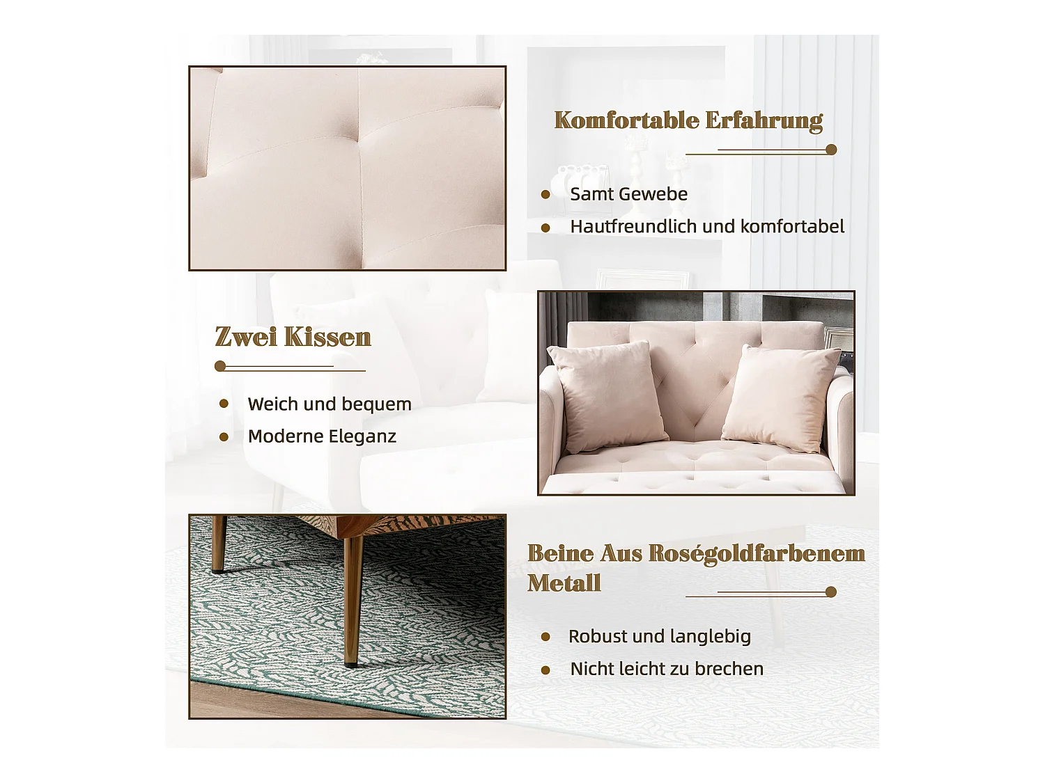 Canapé Convertible 2 Places en Velours côtelé Beige - Canapé Modern avec 2 Coussins - Dossier réglable - 165x90x77cm