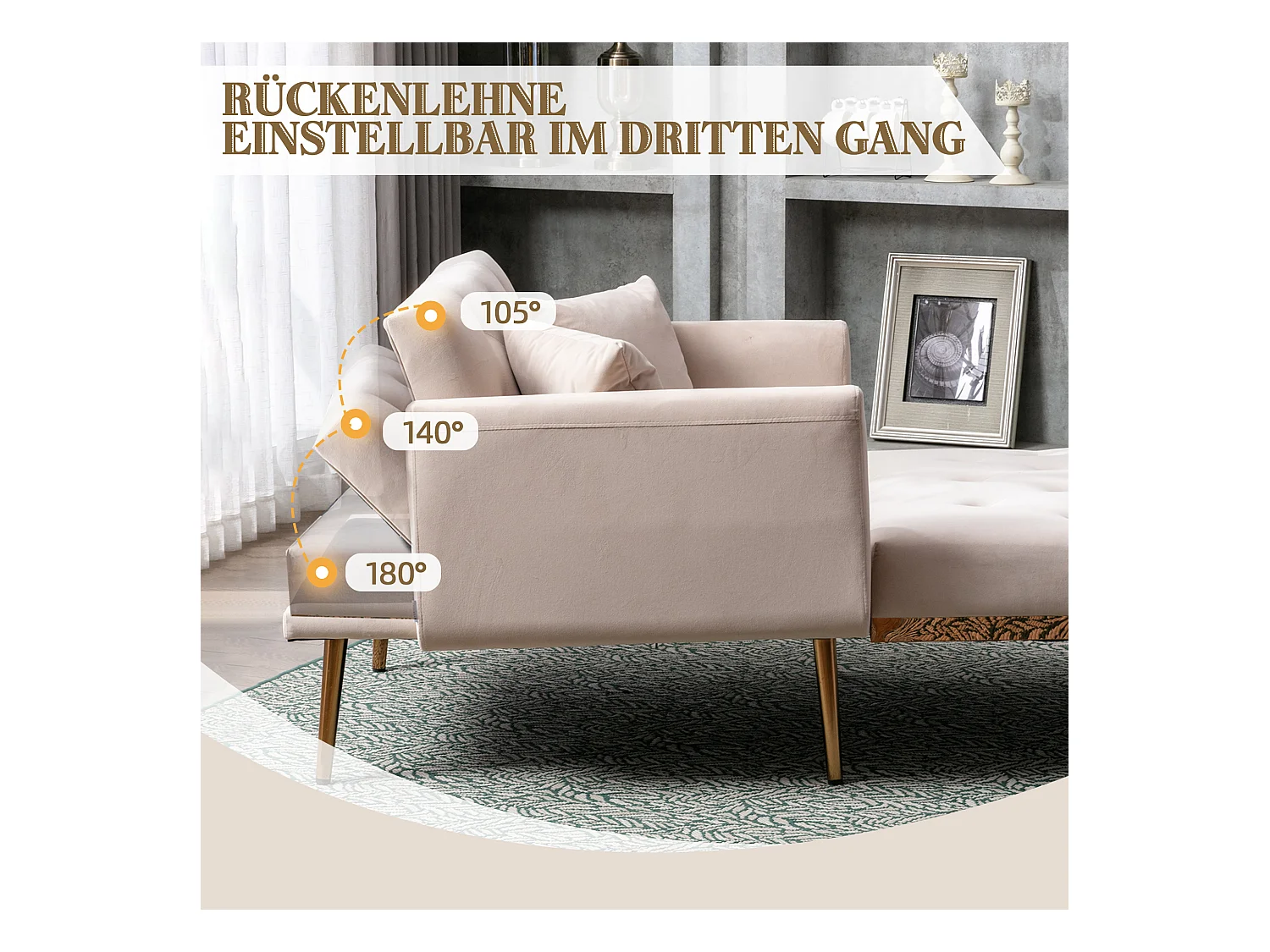 Canapé Convertible 2 Places en Velours côtelé Beige - Canapé Modern avec 2 Coussins - Dossier réglable - 165x90x77cm