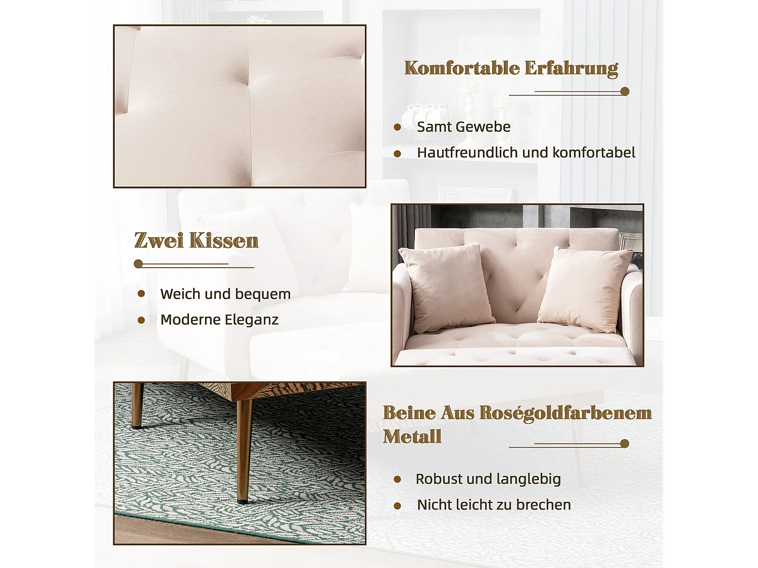 Canapé Convertible 2 Places en Velours côtelé Beige - Canapé Modern avec 2 Coussins - Dossier réglable - 165x90x77cm