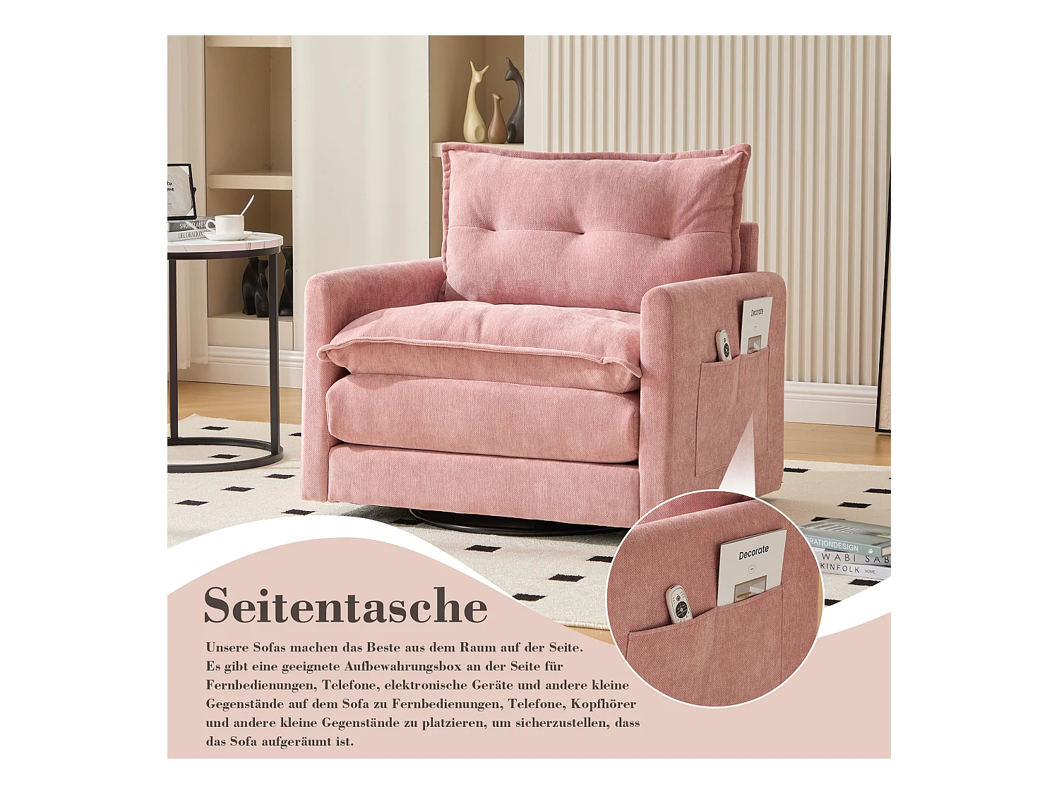 Fauteuil pivotant 360° robe – double couche d’assise, confort optimal et poche latérale – idéal pour salon, chambre et bureau