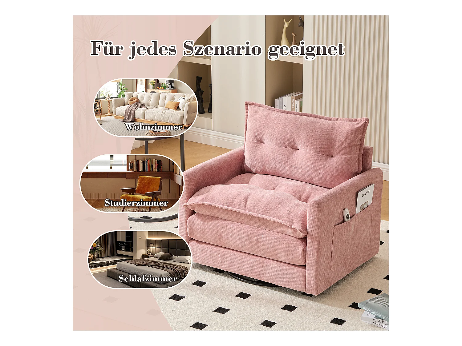 Fauteuil pivotant 360° robe – double couche d’assise, confort optimal et poche latérale – idéal pour salon, chambre et bureau