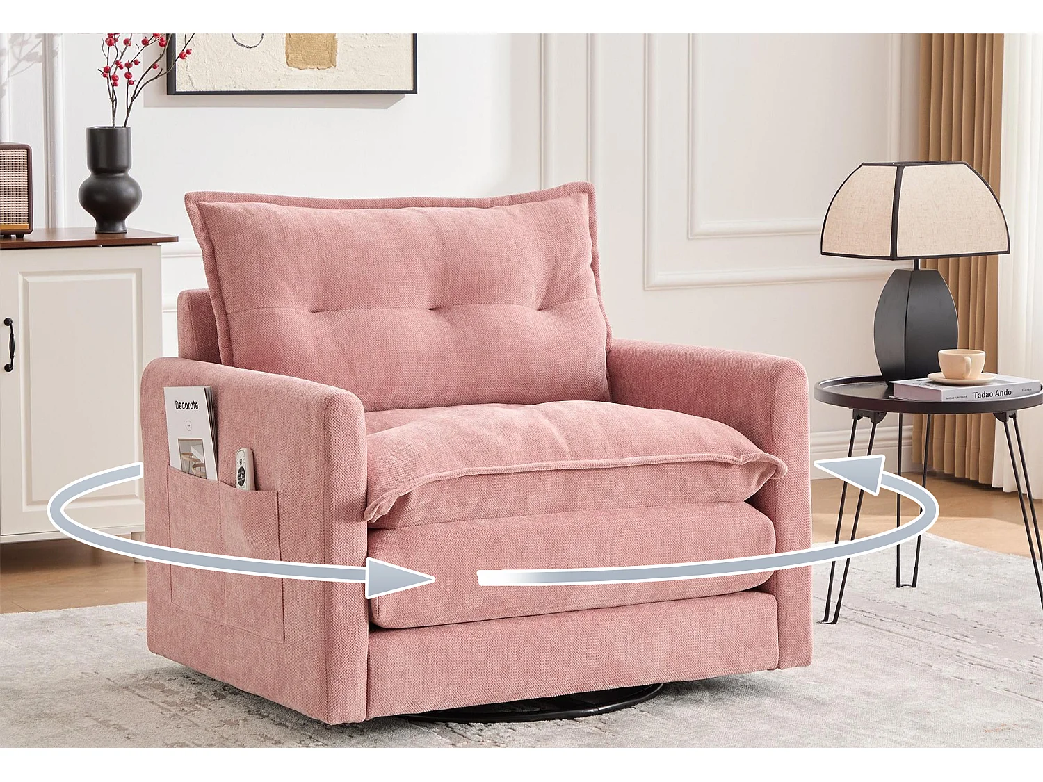 Fauteuil pivotant 360° robe – double couche d’assise, confort optimal et poche latérale – idéal pour salon, chambre et bureau