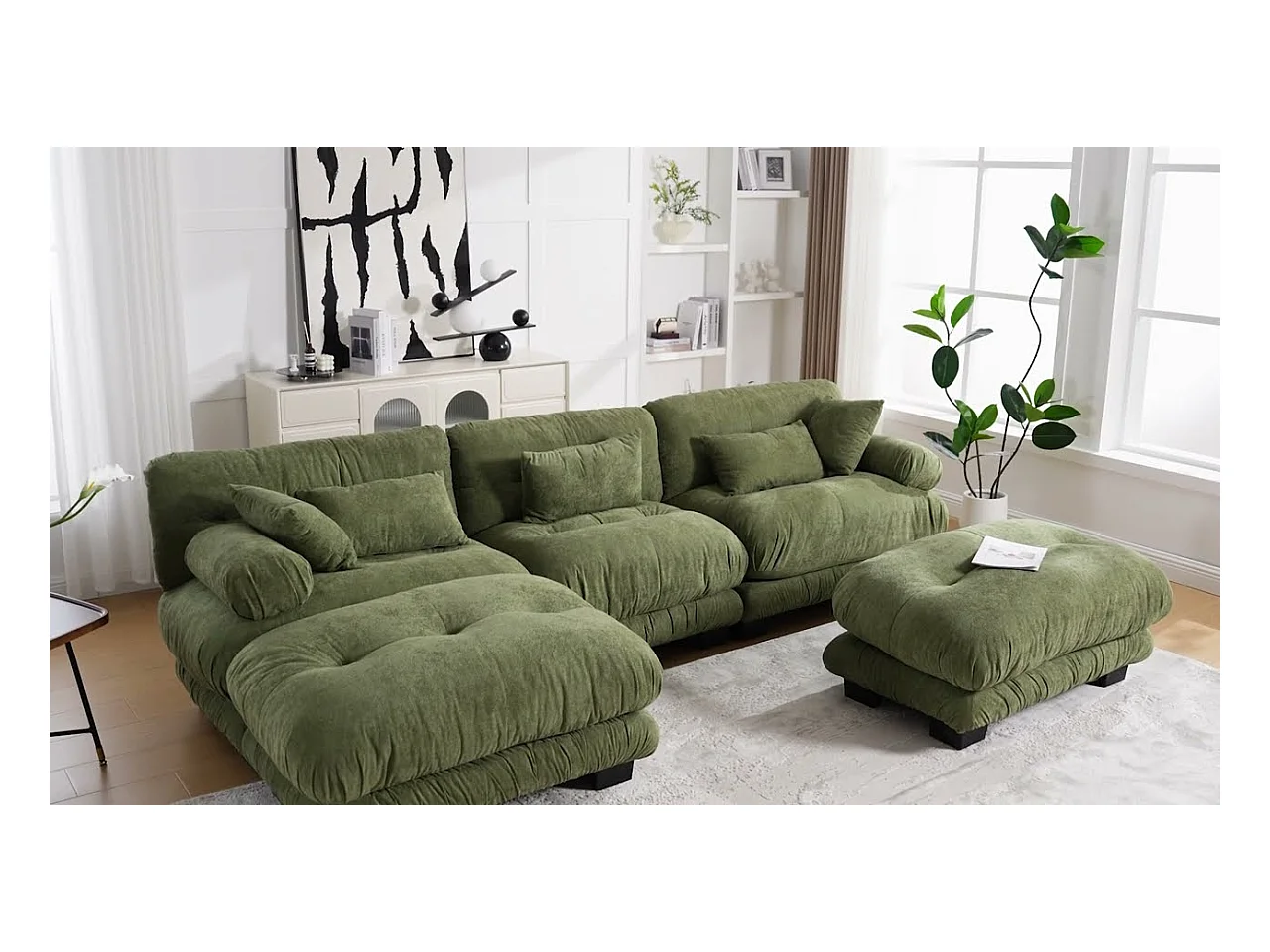 Canapé 5 Places en Velours - canapé d'angle modulable - Kaki  - 300 x 143 x 80 cm - Confort et Douceur Absolus pour Votre Salon