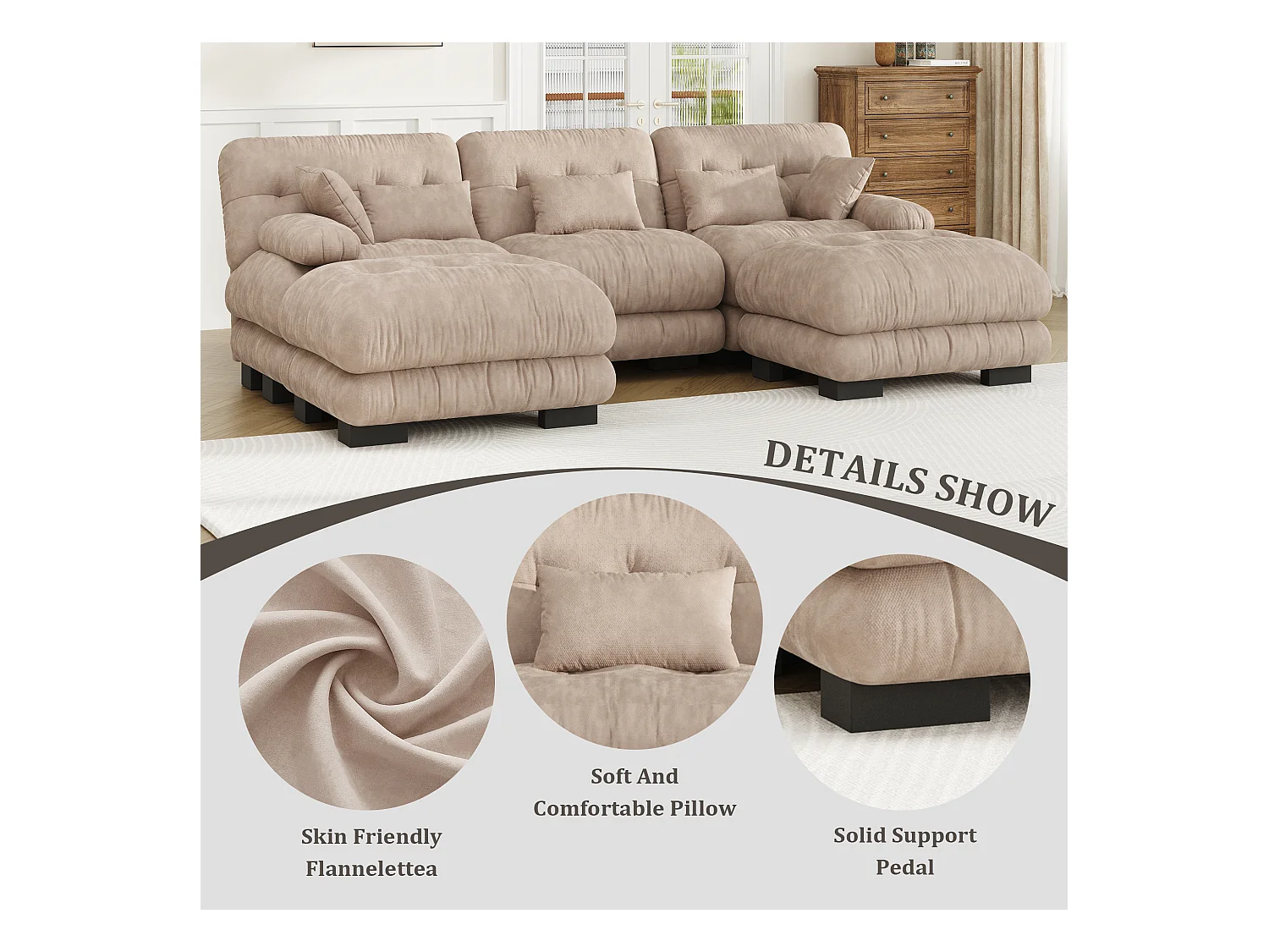 Canapé 5 Places en Velours - canapé d'angle modulable - Kaki  - 300 x 143 x 80 cm - Confort et Douceur Absolus pour Votre Salon