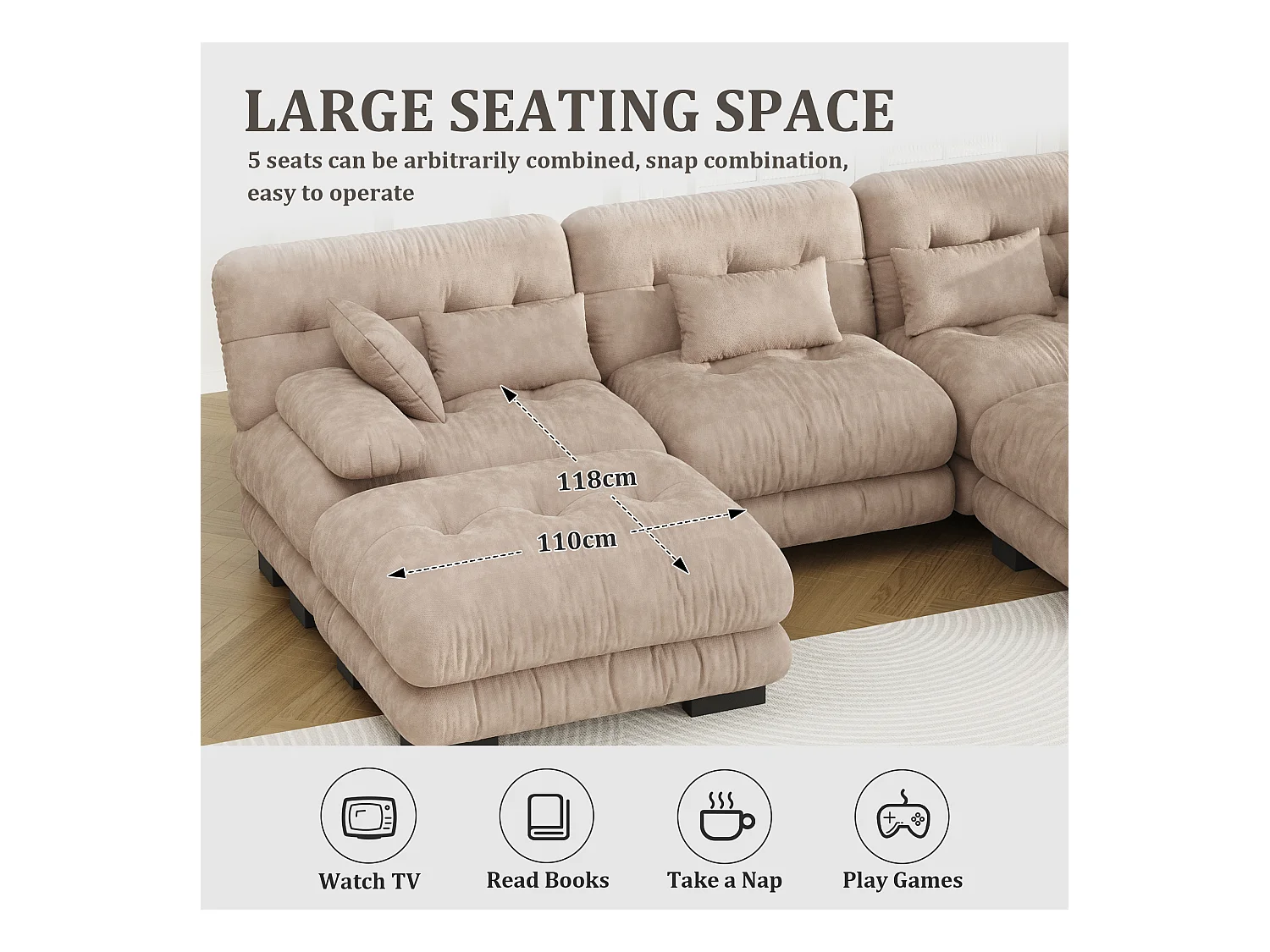 Canapé 5 Places en Velours - canapé d'angle modulable - Kaki  - 300 x 143 x 80 cm - Confort et Douceur Absolus pour Votre Salon