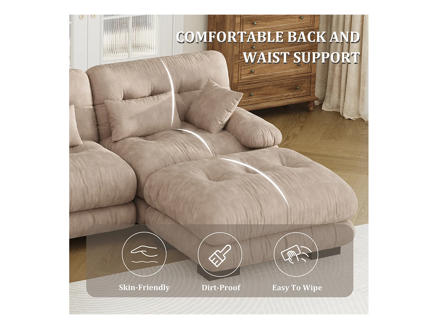 Canapé 5 Places en Velours - canapé d'angle modulable - Kaki  - 300 x 143 x 80 cm - Confort et Douceur Absolus pour Votre Salon