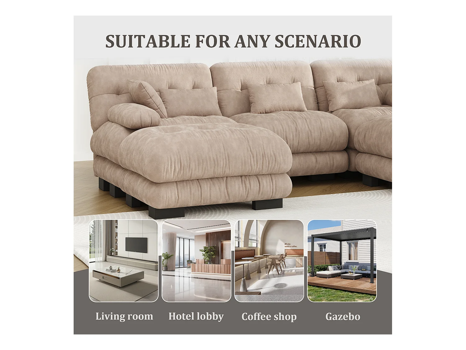 Canapé 5 Places en Velours - canapé d'angle modulable - Kaki  - 300 x 143 x 80 cm - Confort et Douceur Absolus pour Votre Salon