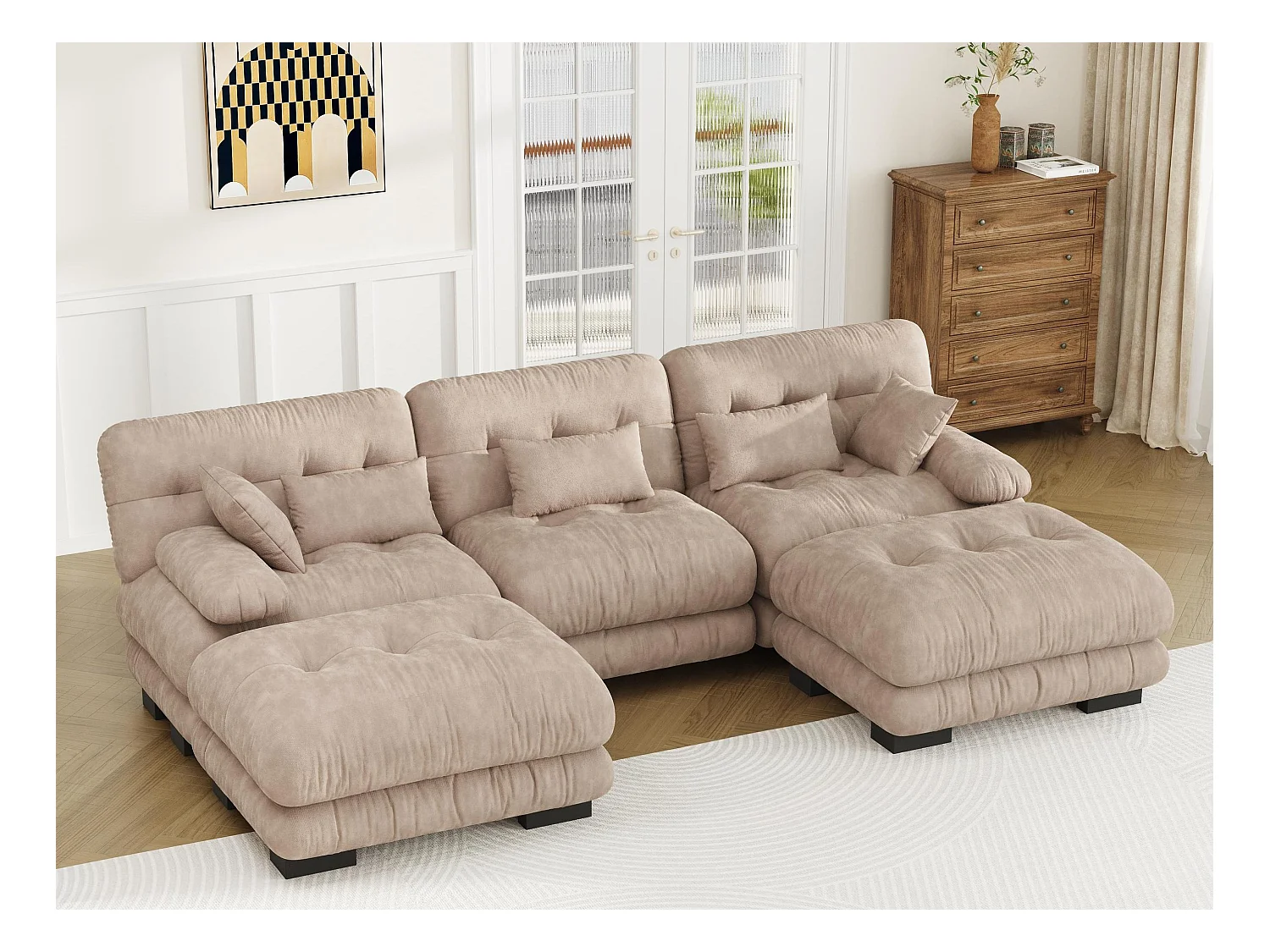 Canapé 5 Places en Velours - canapé d'angle modulable - Kaki  - 300 x 143 x 80 cm - Confort et Douceur Absolus pour Votre Salon
