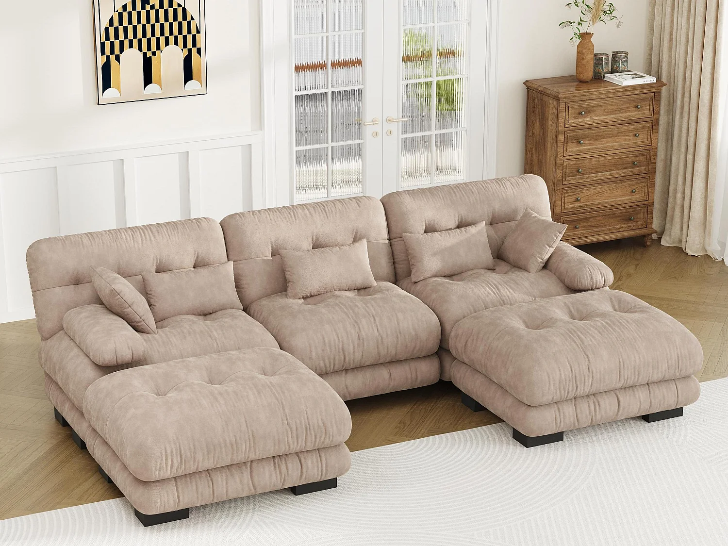 Modulaire U-vormige bank (300x80x143 cm) - Lounge-opstelling met kussens - Omvormbare schuimstructuur