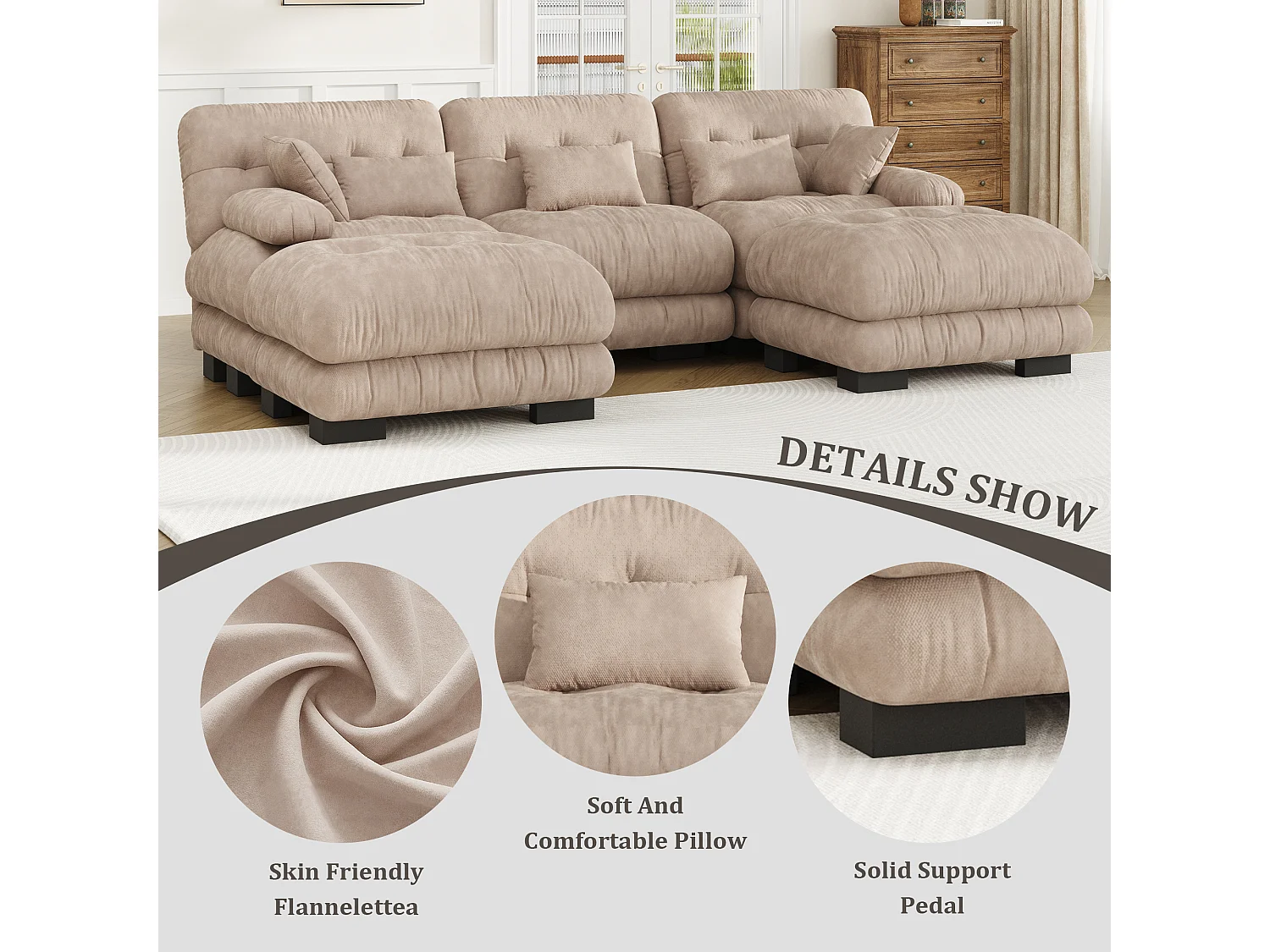 Modulaire U-vormige bank (300x80x143 cm) - Lounge-opstelling met kussens - Omvormbare schuimstructuur