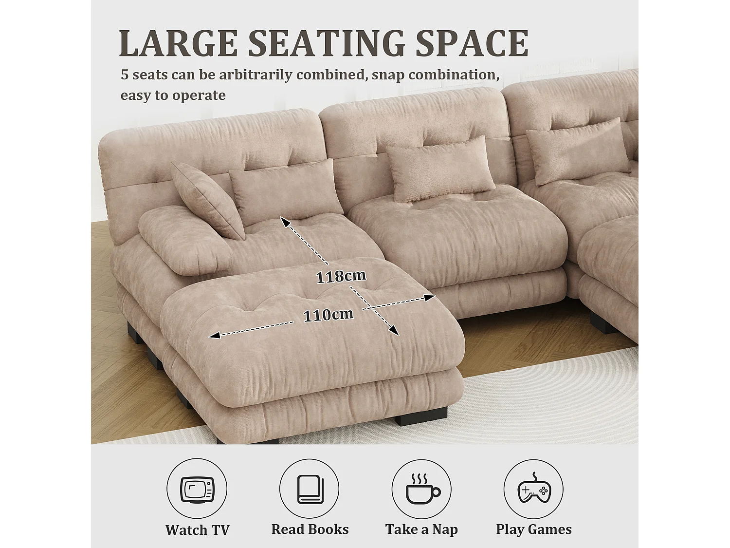 Modulaire U-vormige bank (300x80x143 cm) - Lounge-opstelling met kussens - Omvormbare schuimstructuur