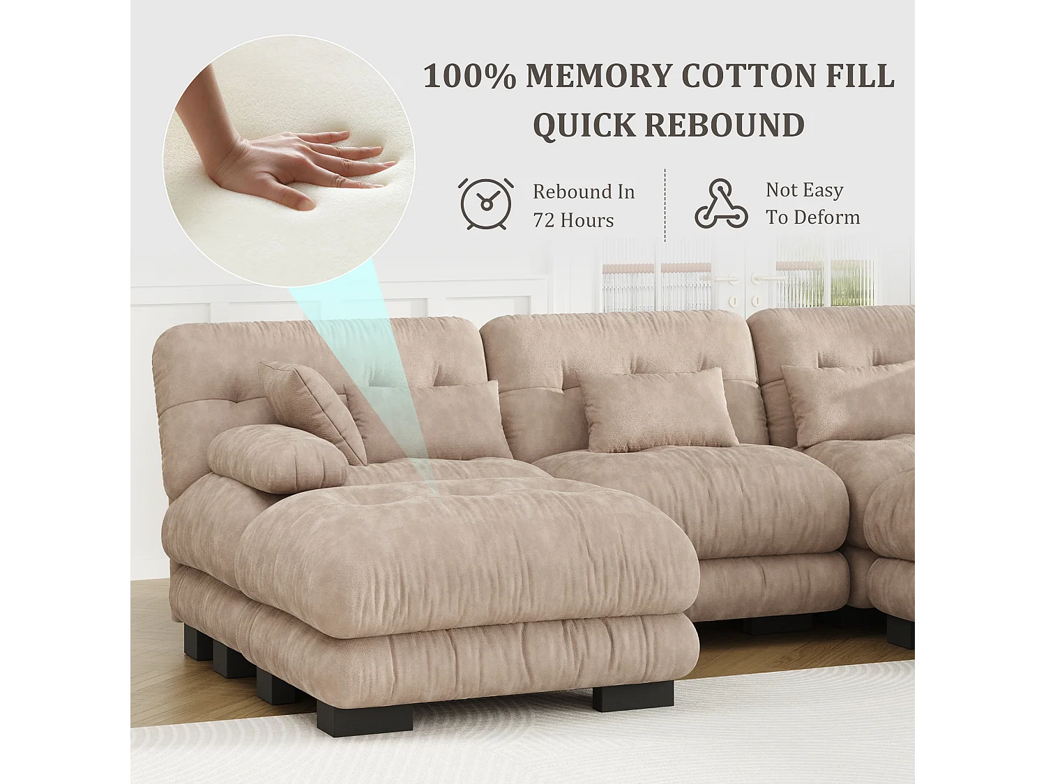 Modulaire U-vormige bank (300x80x143 cm) - Lounge-opstelling met kussens - Omvormbare schuimstructuur