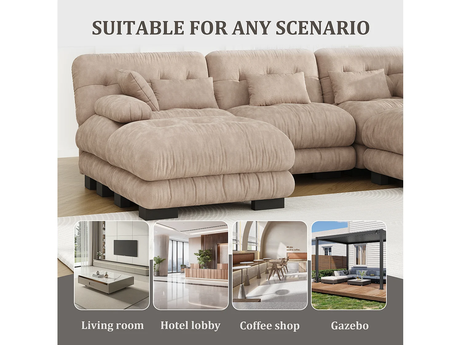 Modulaire U-vormige bank (300x80x143 cm) - Lounge-opstelling met kussens - Omvormbare schuimstructuur