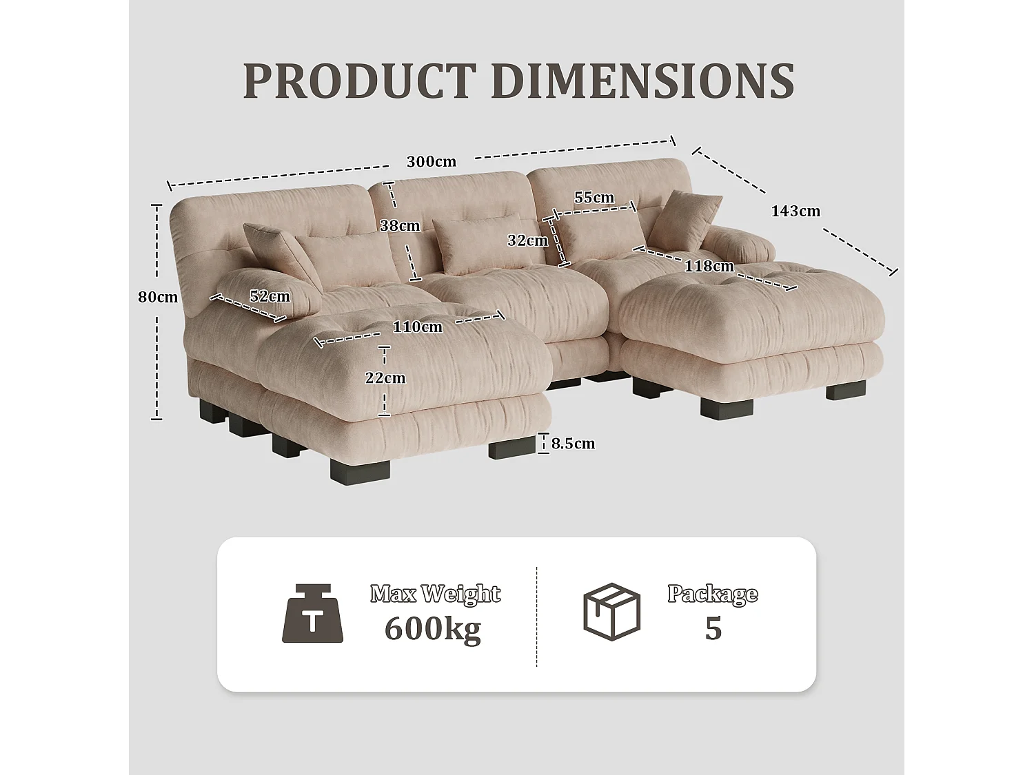 Modulaire U-vormige bank (300x80x143 cm) - Lounge-opstelling met kussens - Omvormbare schuimstructuur