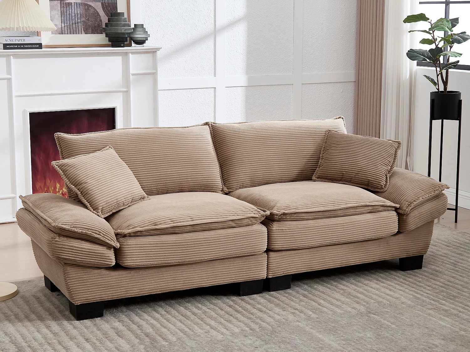 Canapé 2 places en velours taupe – dossier inclinable et convertible en lit - 2 coussins inclus - idéal pour salon ou bureau