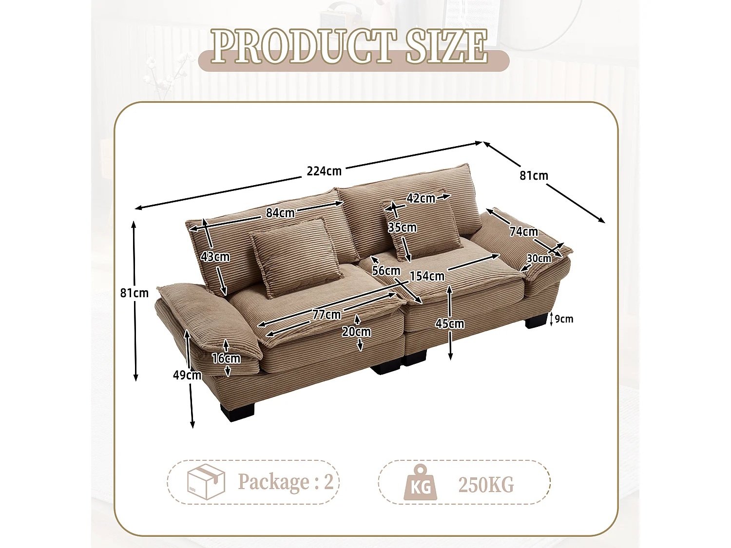 Canapé 2 places en velours taupe – dossier inclinable et convertible en lit - 2 coussins inclus - idéal pour salon ou bureau