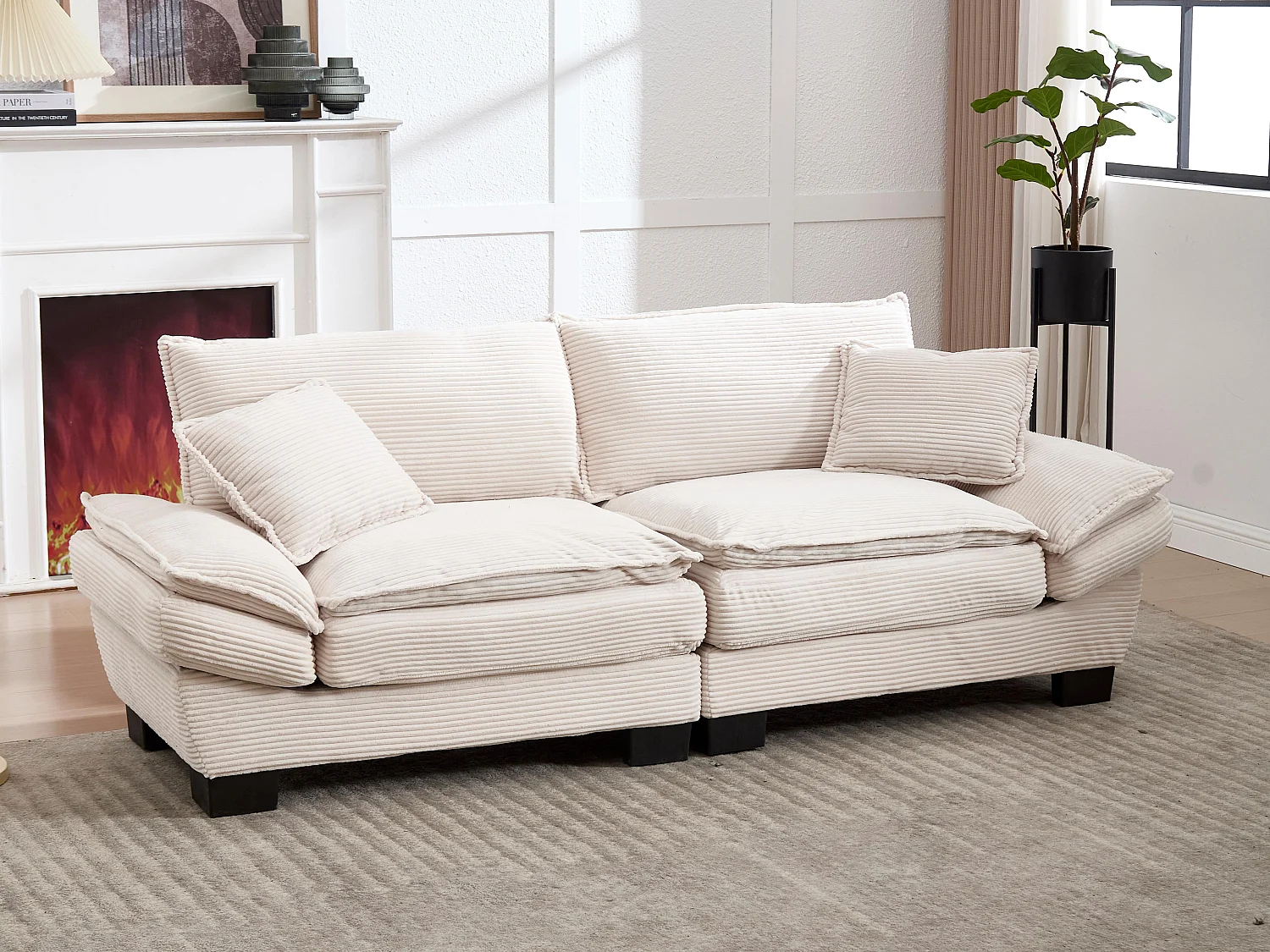 Canapé 2 places en velours beige – dossier inclinable et convertible en lit - 2 coussins inclus - idéal pour salon ou bureau