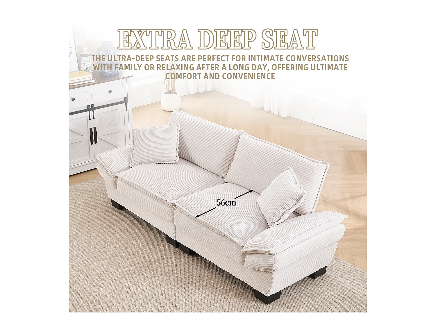 Canapé 2 places en velours beige – dossier inclinable et convertible en lit - 2 coussins inclus - idéal pour salon ou bureau