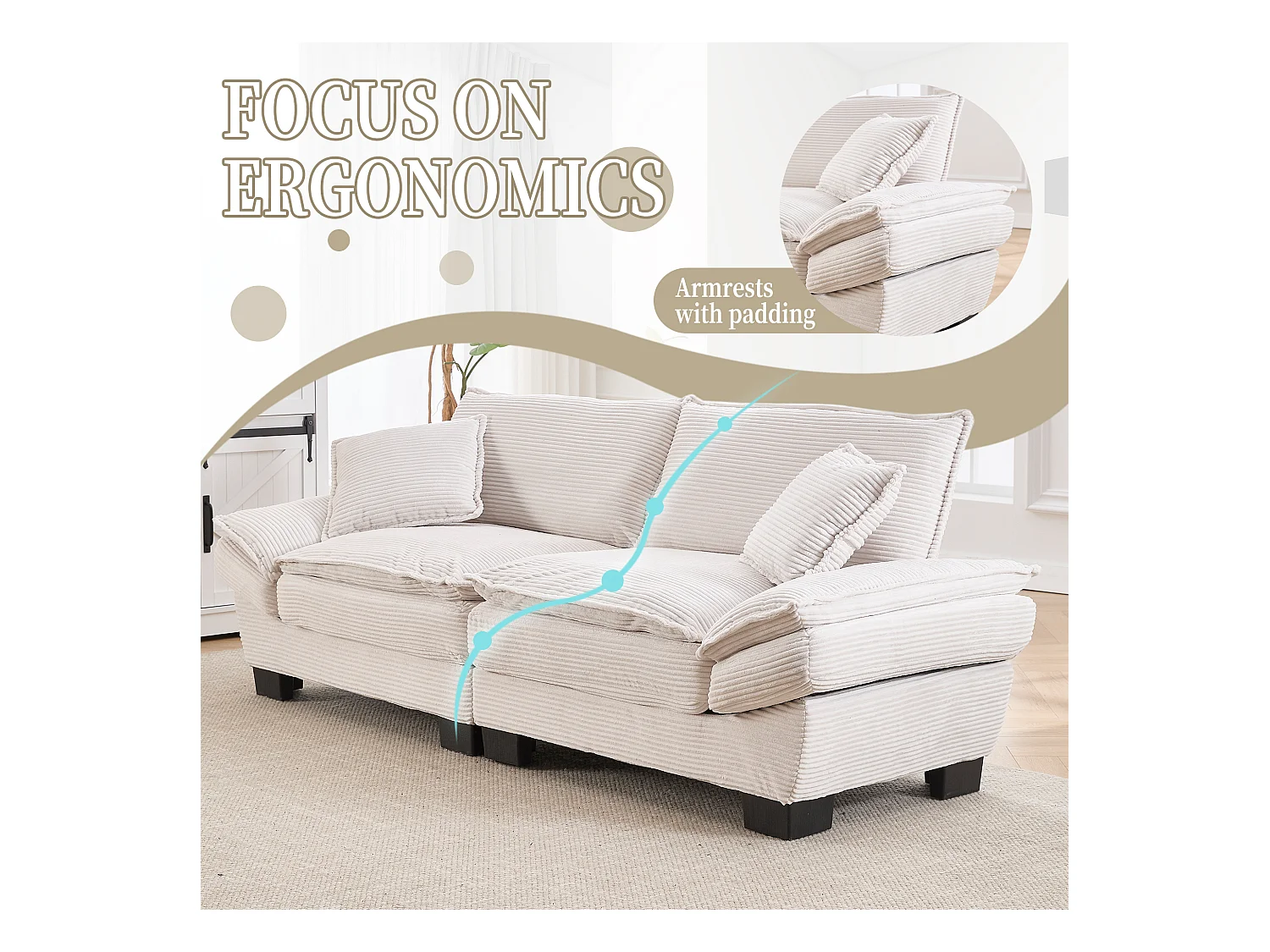 Canapé 2 places en velours beige – dossier inclinable et convertible en lit - 2 coussins inclus - idéal pour salon ou bureau