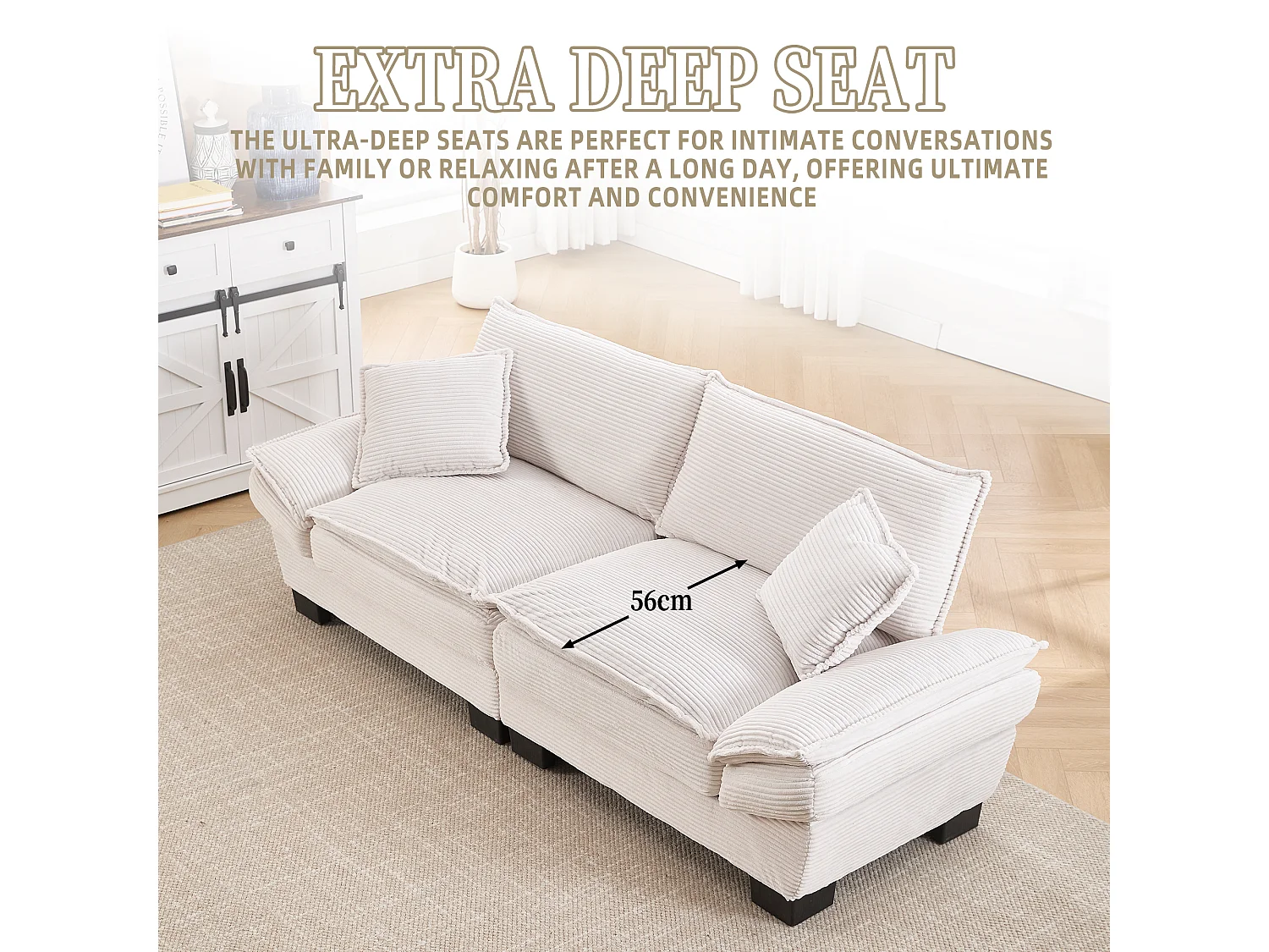 Canapé 2 places en velours beige – dossier inclinable et convertible en lit - 2 coussins inclus - idéal pour salon ou bureau