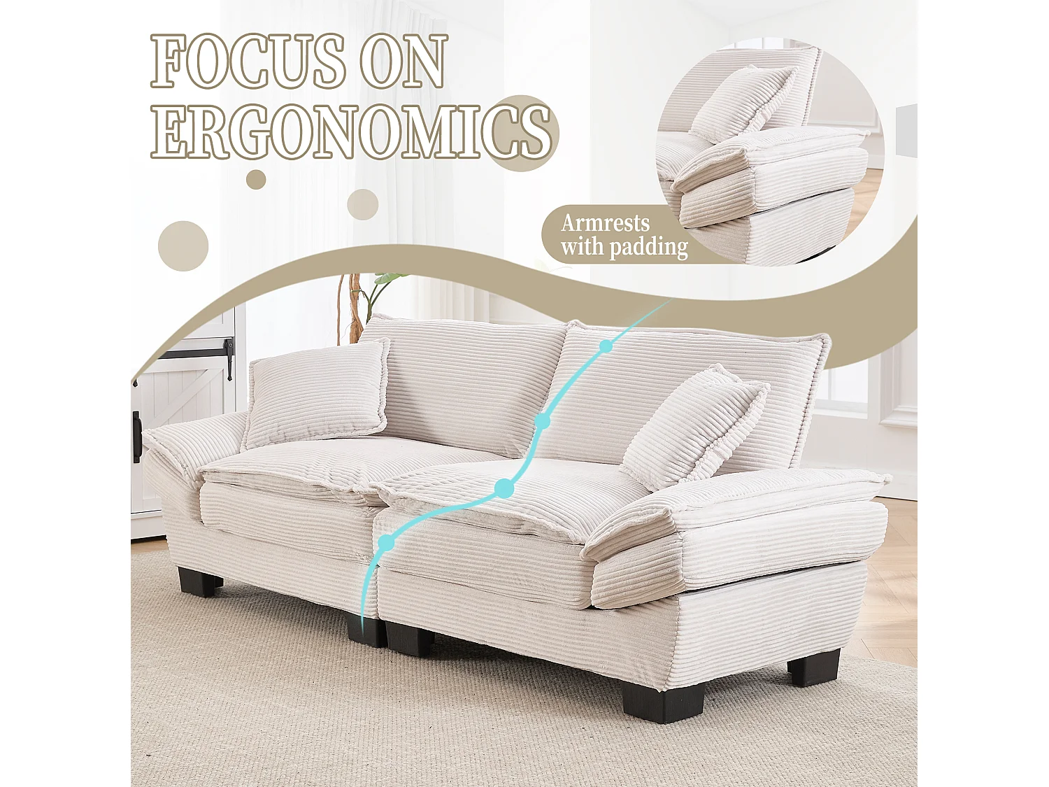 Canapé 2 places en velours beige – dossier inclinable et convertible en lit - 2 coussins inclus - idéal pour salon ou bureau