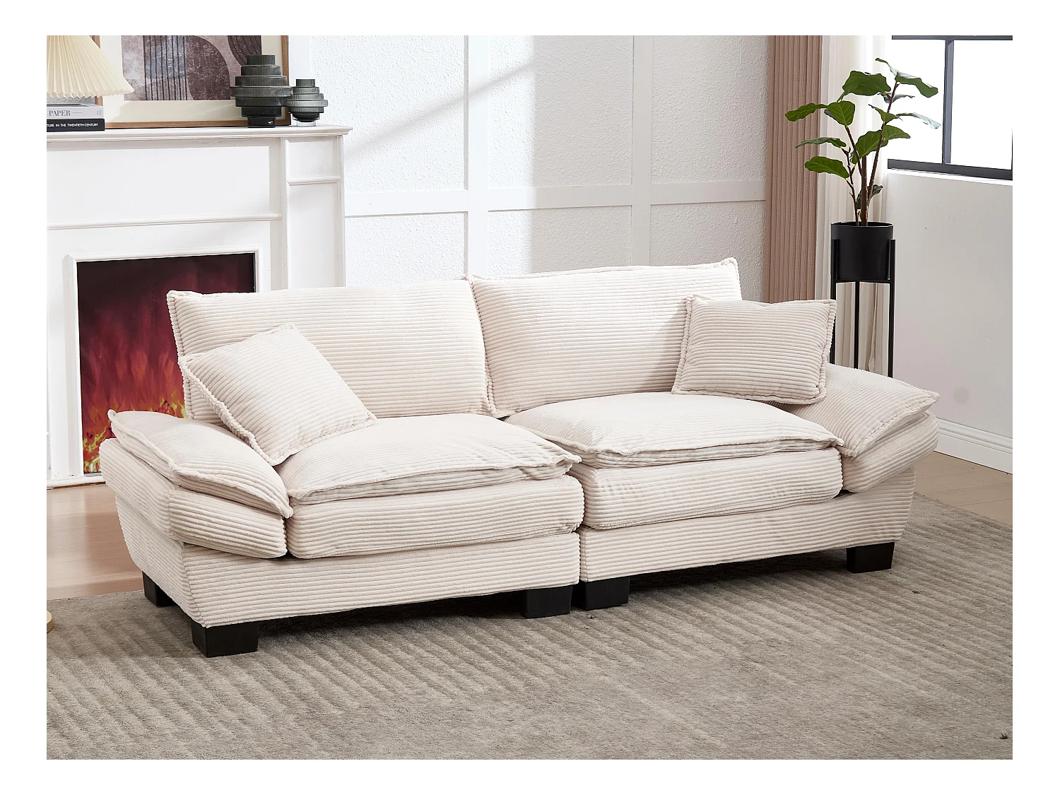 Canapé 2 places en velours beige – dossier inclinable et convertible en lit - 2 coussins inclus - idéal pour salon ou bureau