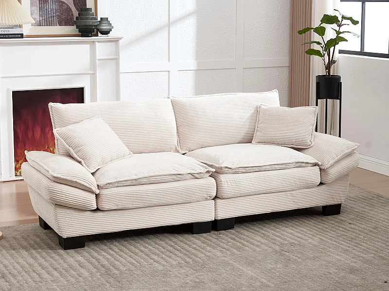 Canapé 2 places en velours beige – dossier inclinable et convertible en lit - 2 coussins inclus - idéal pour salon ou bureau