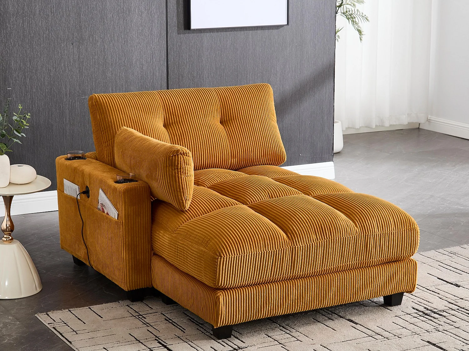 Canapé 1 place modulable en velours jaune – avec USB et porte‑gobelet – multifonction pour petit espace - 112x140x81cm