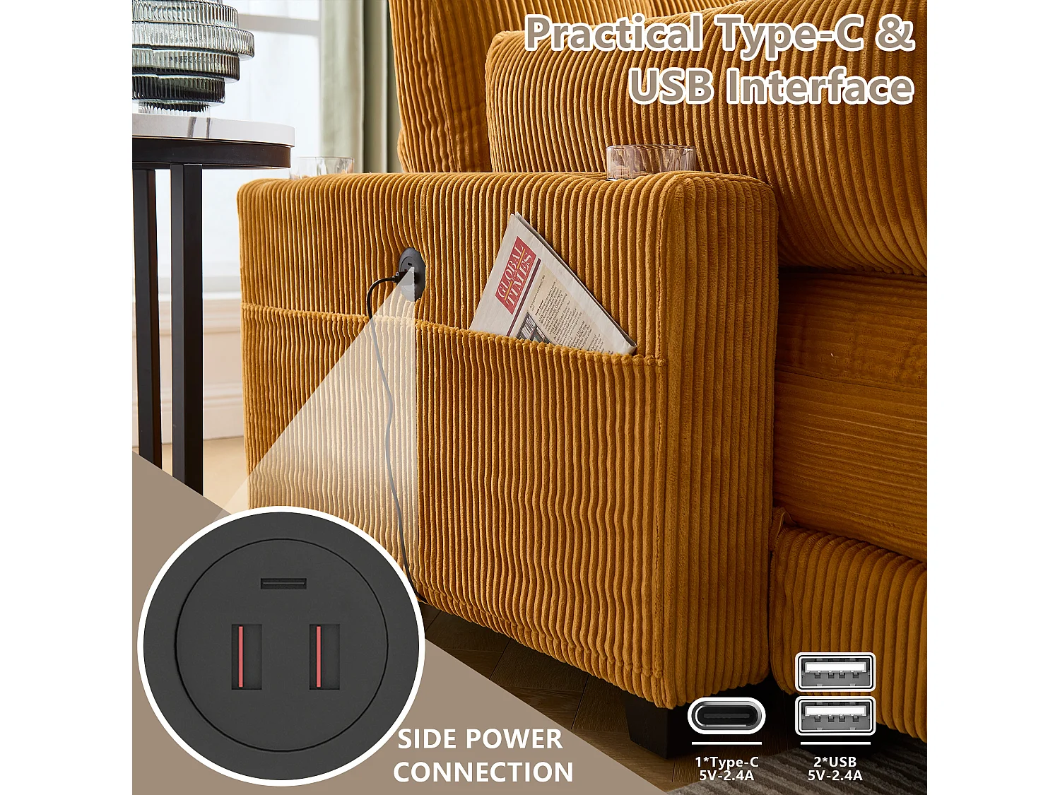 Canapé 1 place modulable en velours jaune – avec USB et porte‑gobelet – multifonction pour petit espace - 112x140x81cm