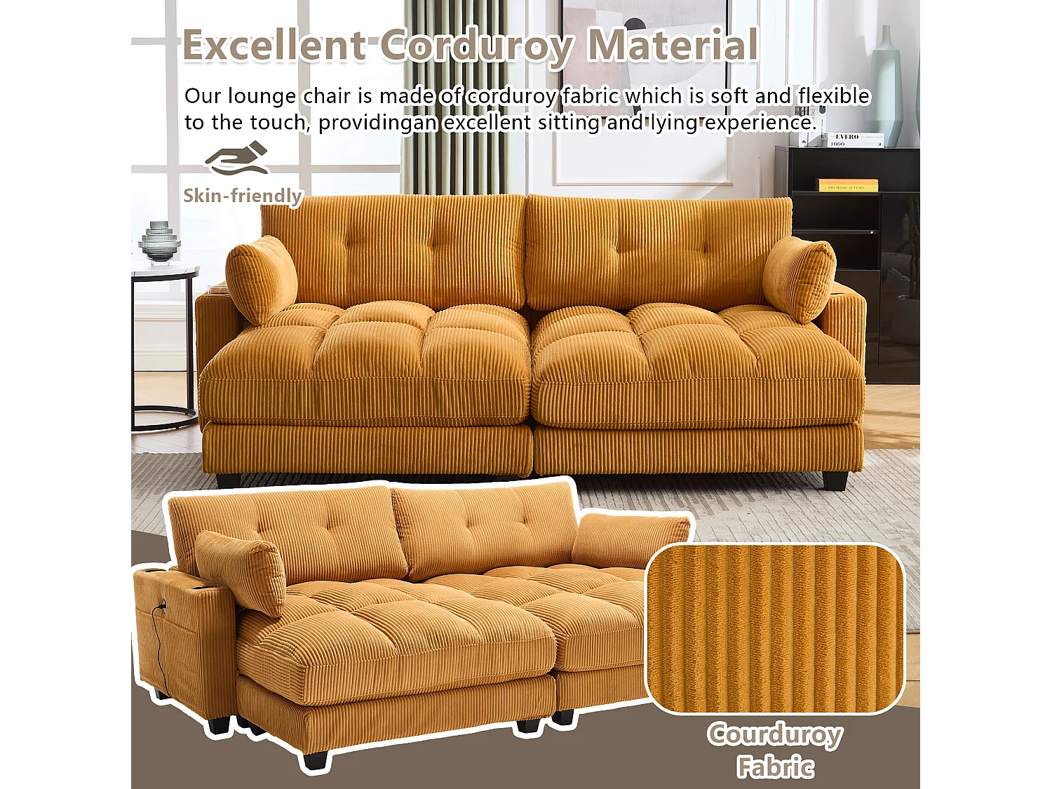 Canapé 1 place modulable en velours jaune – avec USB et porte‑gobelet – multifonction pour petit espace - 112x140x81cm