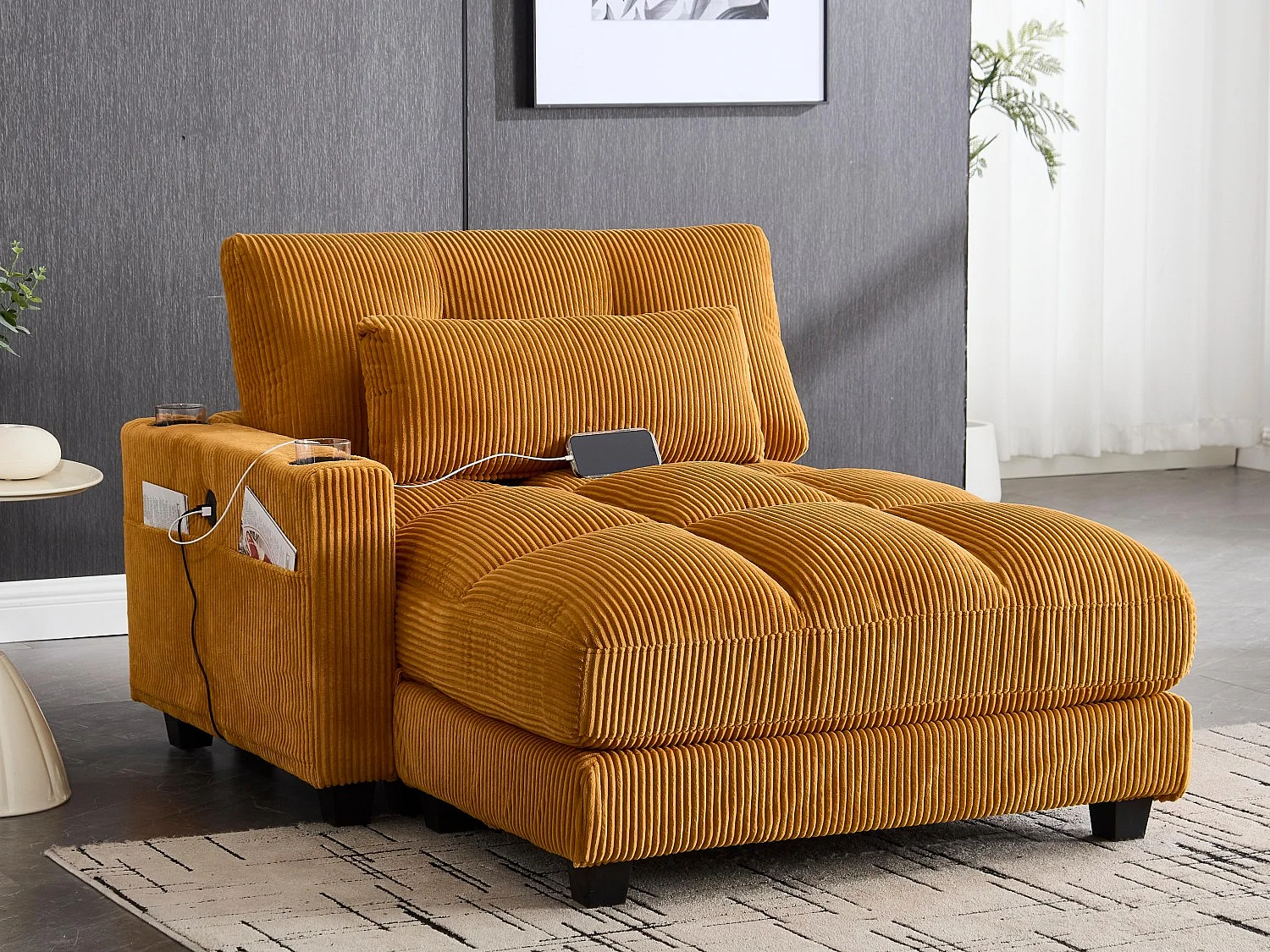 Méridienne 1 place modulable en velours jaune – avec USB et porte‑gobelet – multifonction pour petit espace - 112x140x81cm