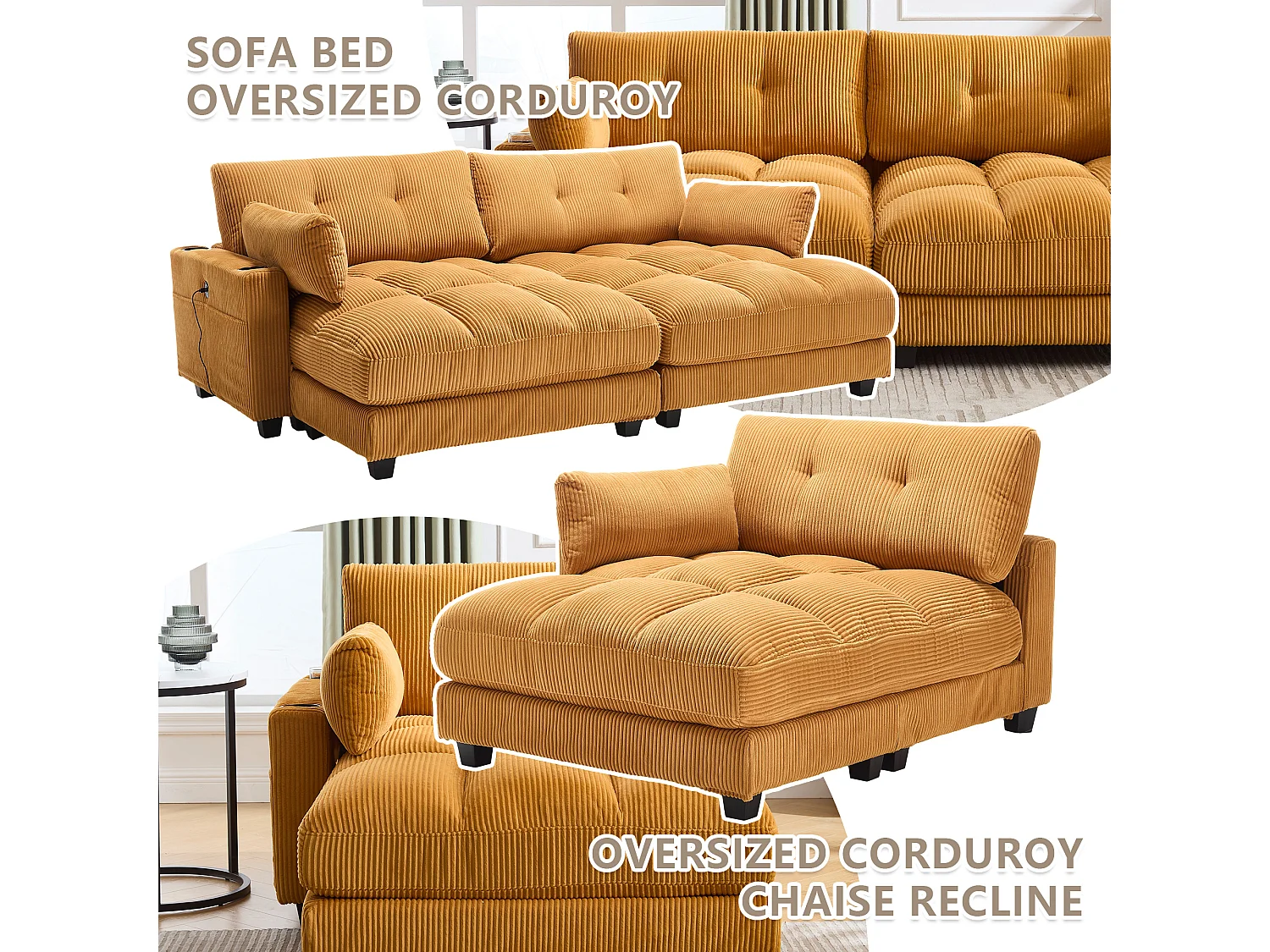 Méridienne 1 place modulable en velours jaune – avec USB et porte‑gobelet – multifonction pour petit espace - 112x140x81cm