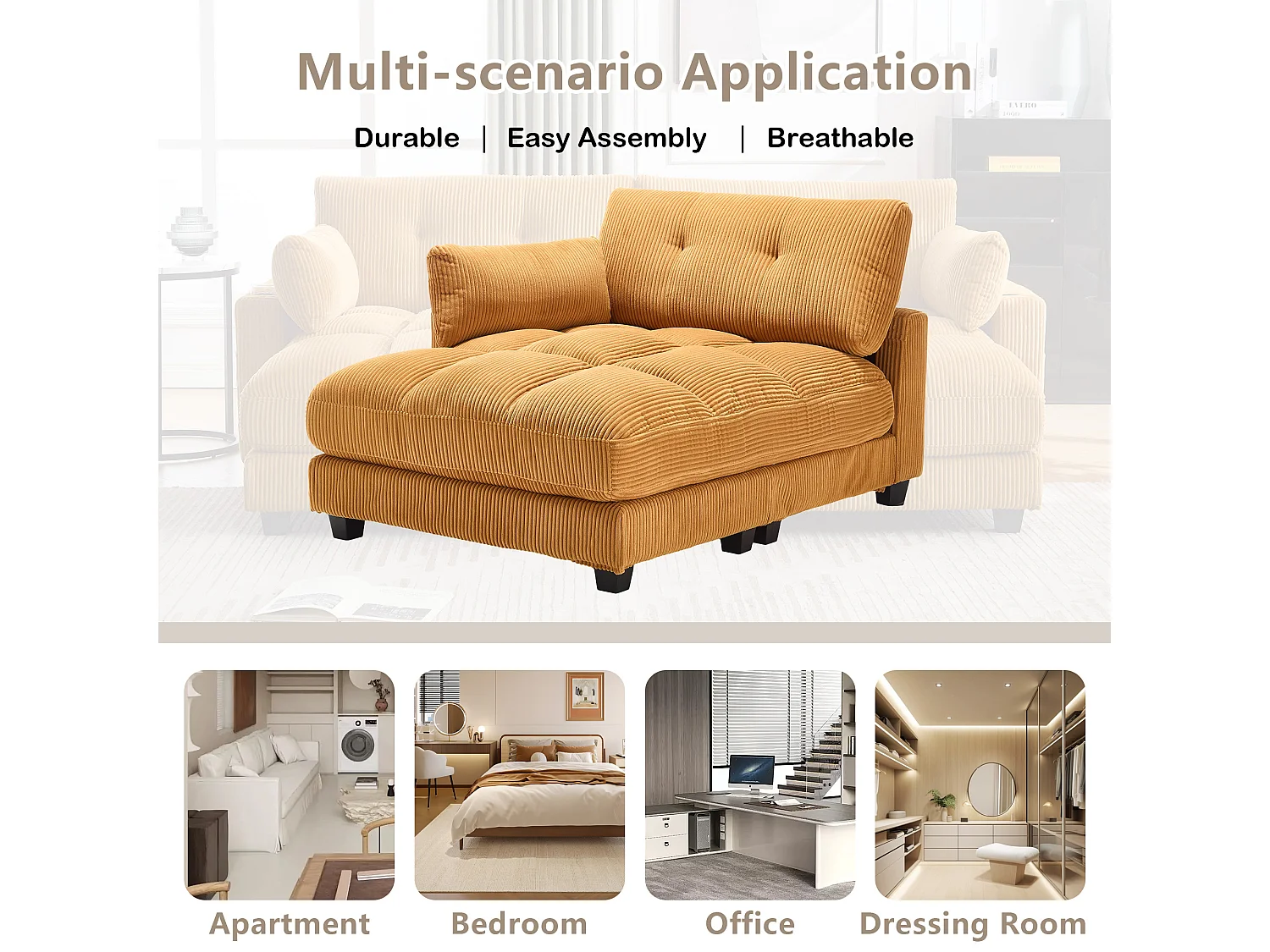 Méridienne 1 place modulable en velours jaune – avec USB et porte‑gobelet – multifonction pour petit espace - 112x140x81cm