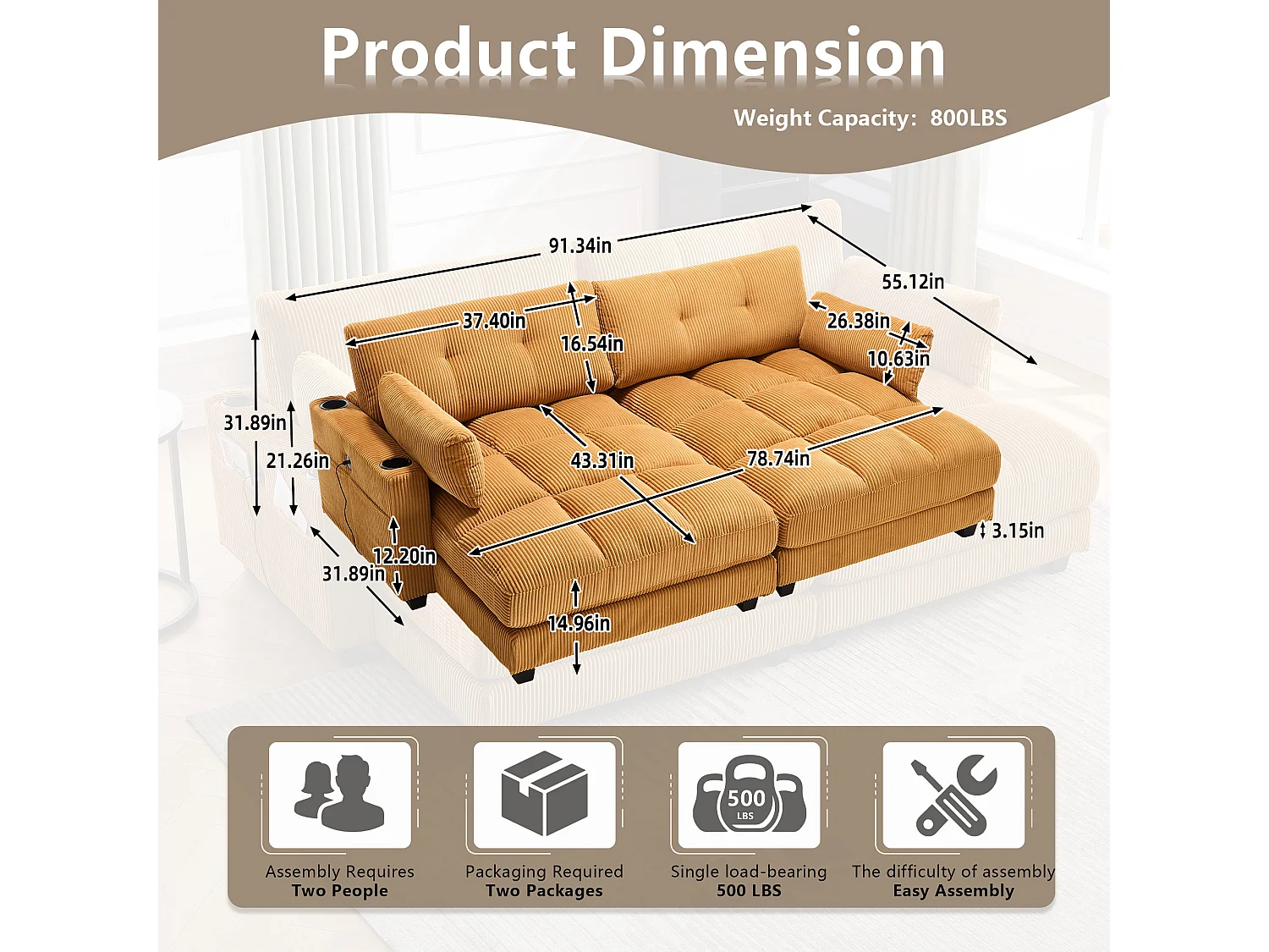 Méridienne 1 place modulable en velours jaune – avec USB et porte‑gobelet – multifonction pour petit espace - 112x140x81cm