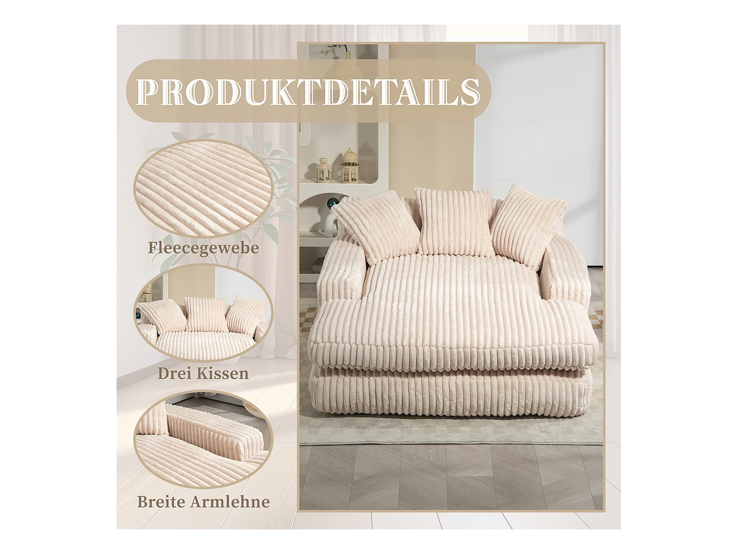 Canapé 2 places en velours côtelé beige – double couche & assise ultra basse – avec 3 coussins – idéal pour salon - 125x155x63cm