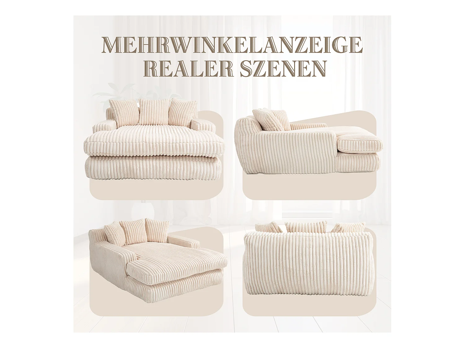 Canapé 2 places en velours côtelé beige – double couche & assise ultra basse – avec 3 coussins – idéal pour salon - 125x155x63cm