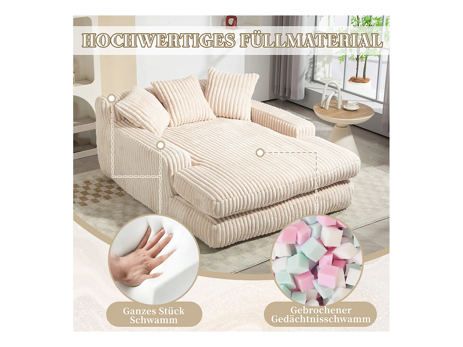 Canapé 2 places en velours côtelé beige – double couche & assise ultra basse – avec 3 coussins – idéal pour salon - 125x155x63cm
