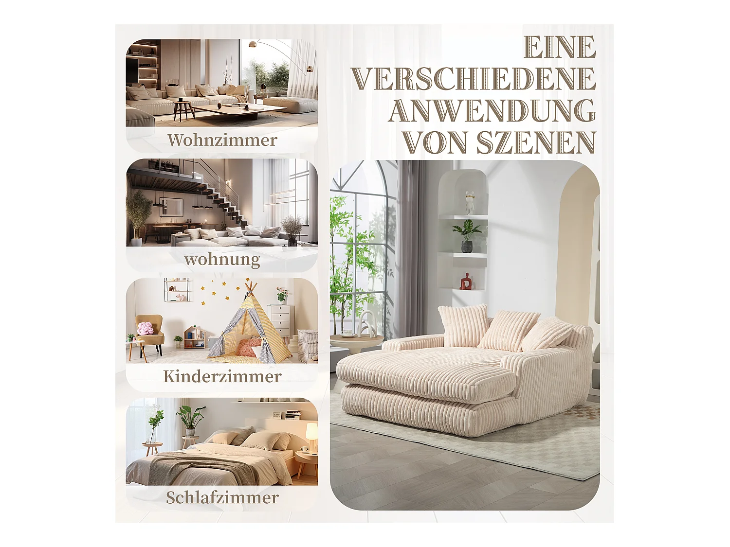 Canapé 2 places en velours côtelé beige – double couche & assise ultra basse – avec 3 coussins – idéal pour salon - 125x155x63cm